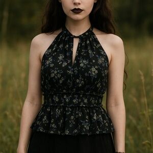 The Kooples Black Y2K Floral Silk Chiffon Babydoll Fairy Forest Whimsigoth Top S